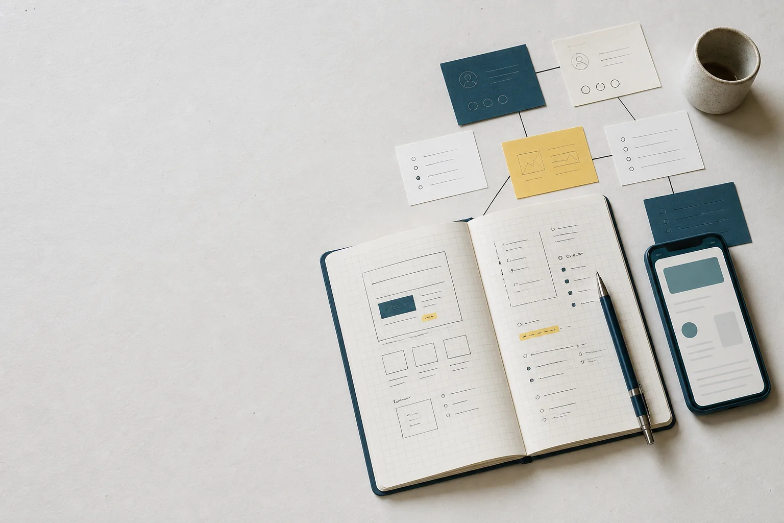 A notebook, process cards, and phone arranged as a map of an affiliate referral process