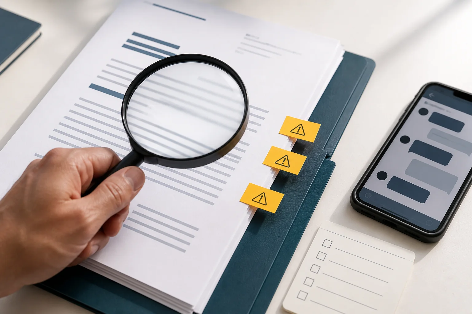 A hand using a magnifying glass to verify offer documents marked with warning tabs