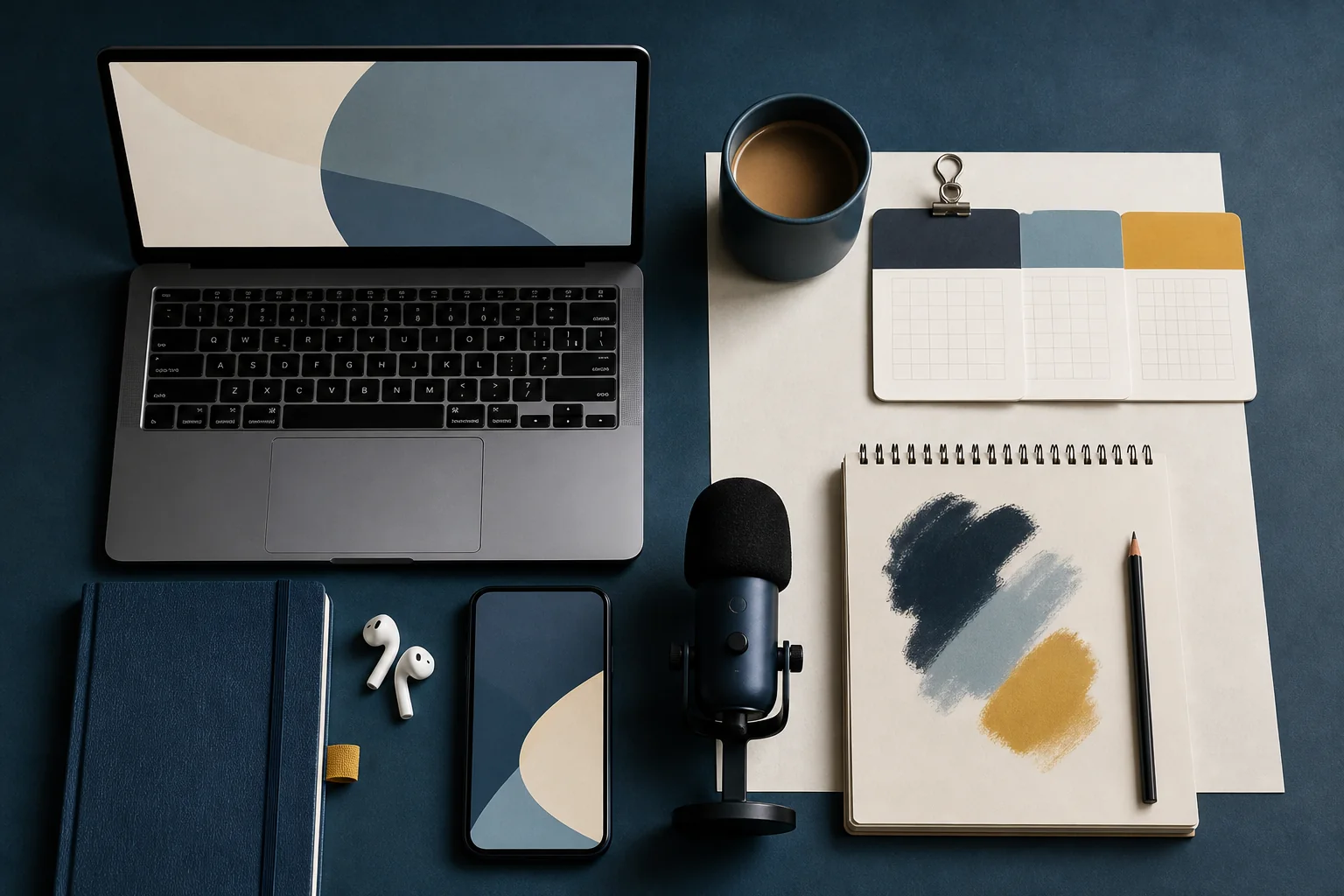 A practical creator toolkit with a laptop, phone, microphone, notebook, and planning cards
